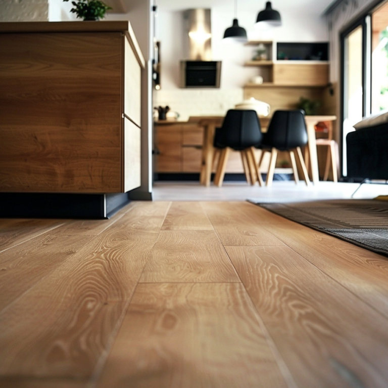 Display of a wooden floor in a kitchen